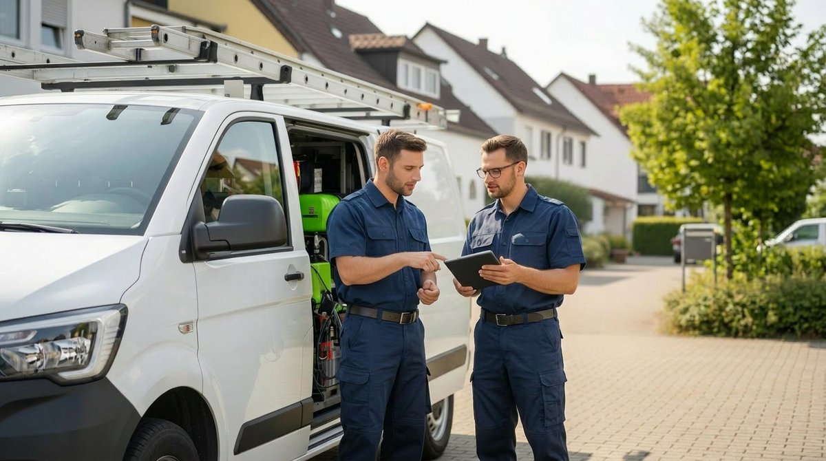 Unser Team von zertifizierten Fachkräften bei der Besprechung vor dem Servicewagen