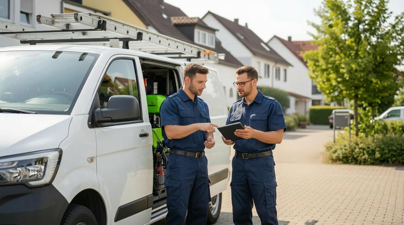 Unser Team von zertifizierten Fachkräften bei der Besprechung vor dem Servicewagen